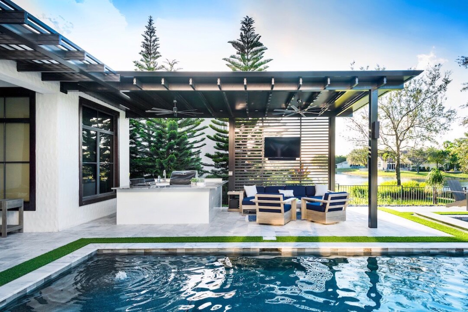 Renaissance Classico attached aluminum patio roof with exposed trusses