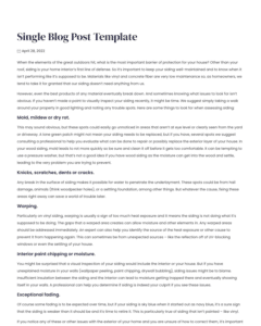 A template for a blog post titled "Most Important Barrier of Protection for Your House." The post discusses maintaining house exteriors, focusing on roof and siding evaluation, dated April 28, 2022.